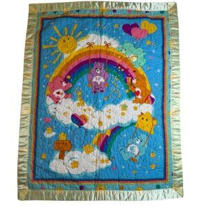 VTG Handmade Care Bears Baby Blanket Quilt Mat Newborn Infant Flannel 32”x 41”